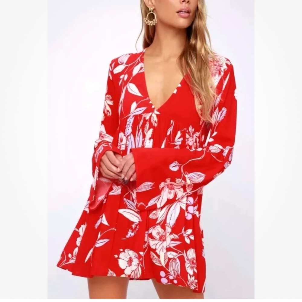 Free People Bella Floral Tunic Mini Dress Small Red Boho Loose Fit Fairy NWOT